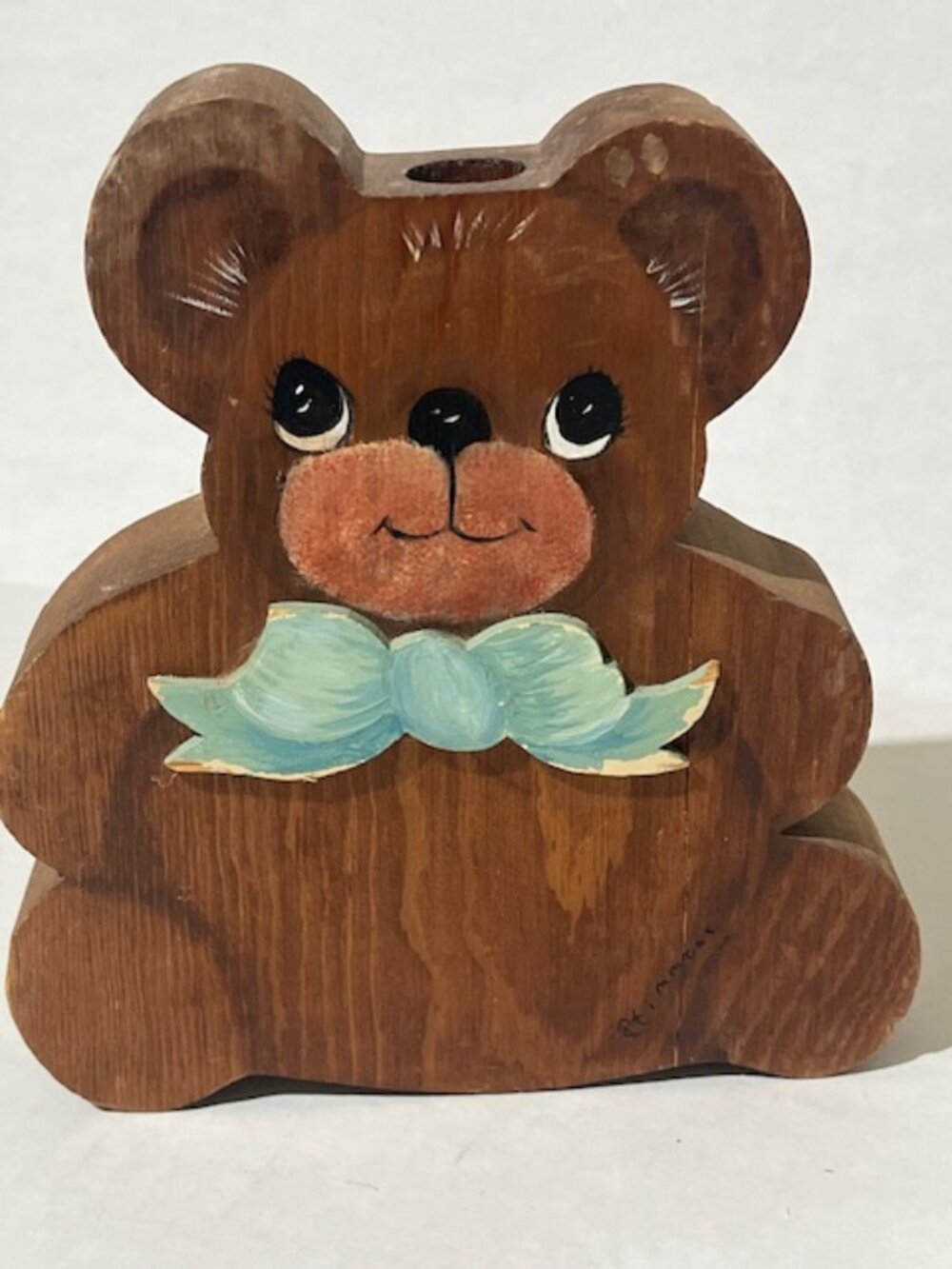 VTG Hand Painted Solid Wood Teddy Bear Single Tapir Candle Holder 6.5"x7"x1.5"